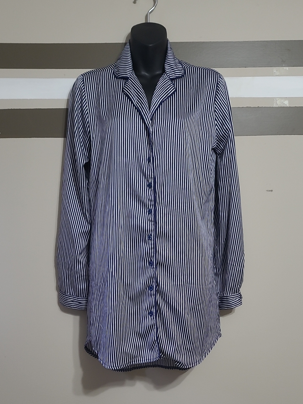Miiyu Navy & White Striped Button-Down Boyfriend Shirt / Loungewear Sz SM